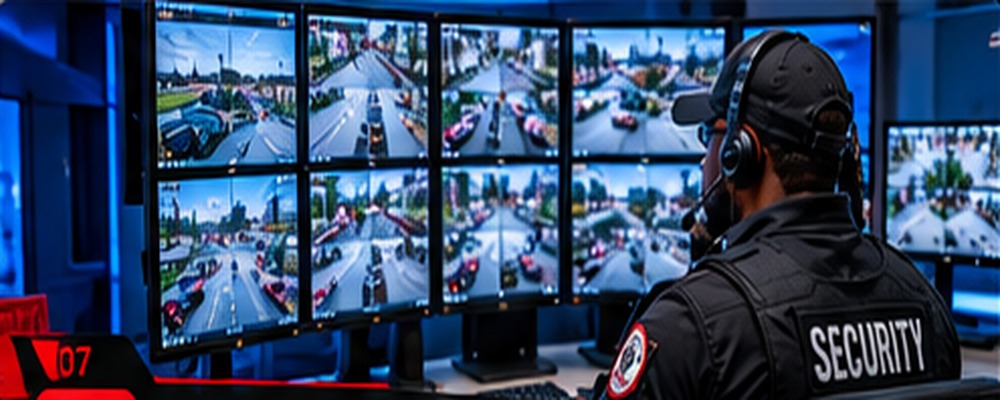 Security operator monitoring CCTV surveillance screens